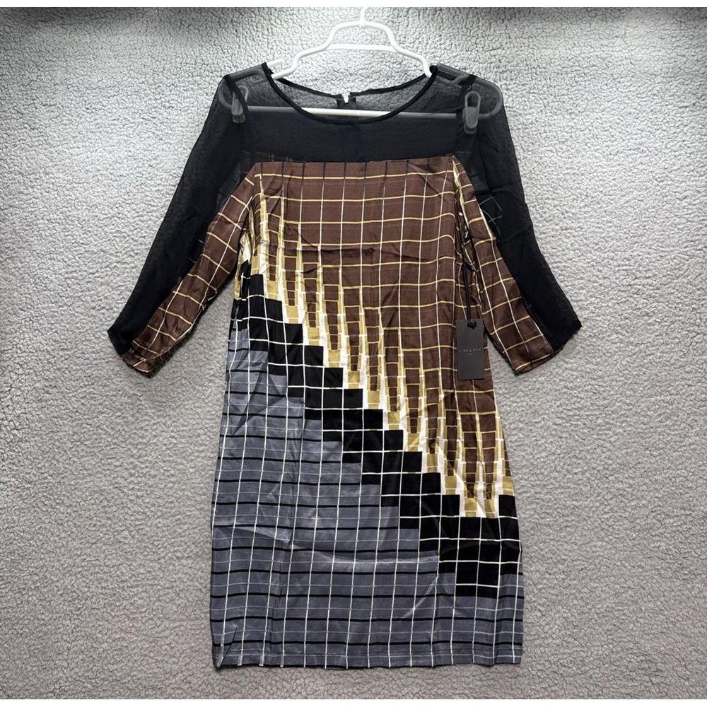 Line & Dot Womens Small 100% Silk Dress Windowpane Sheer 3/4 Sleeve‎ Classic Y2K